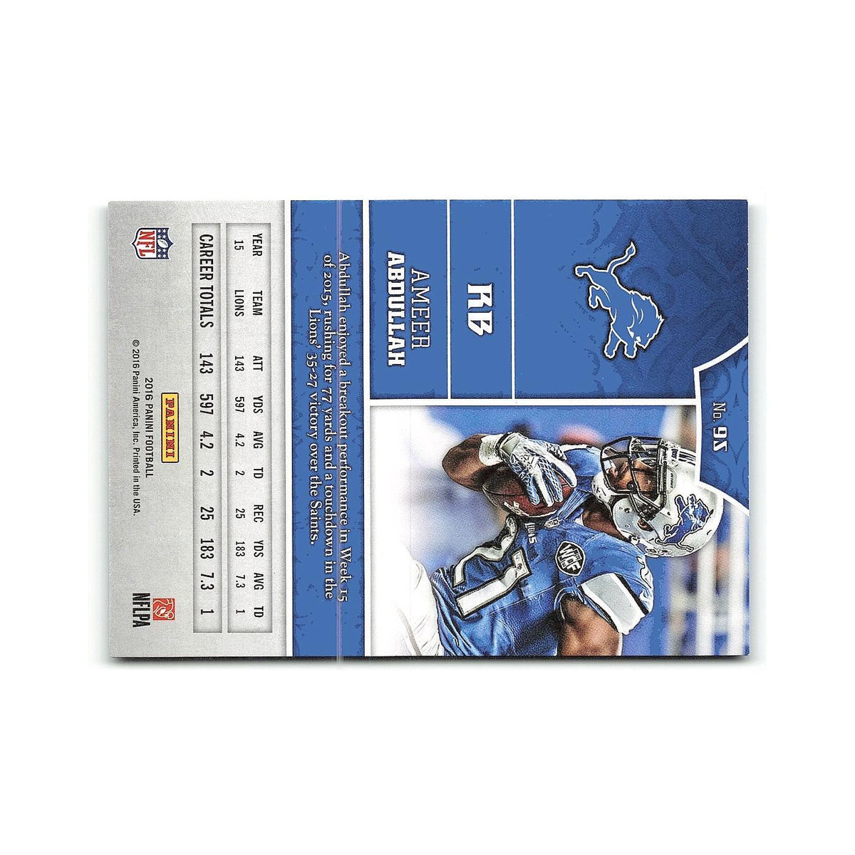 Ameer Abdullah 2016 Panini #95 Detroit Lions Football Card NM