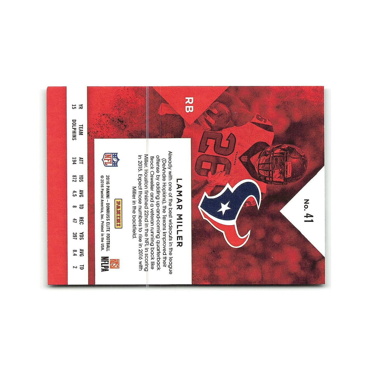 Lamar Miller 2016 Donruss Elite #41 Houston Texans Football Card NM