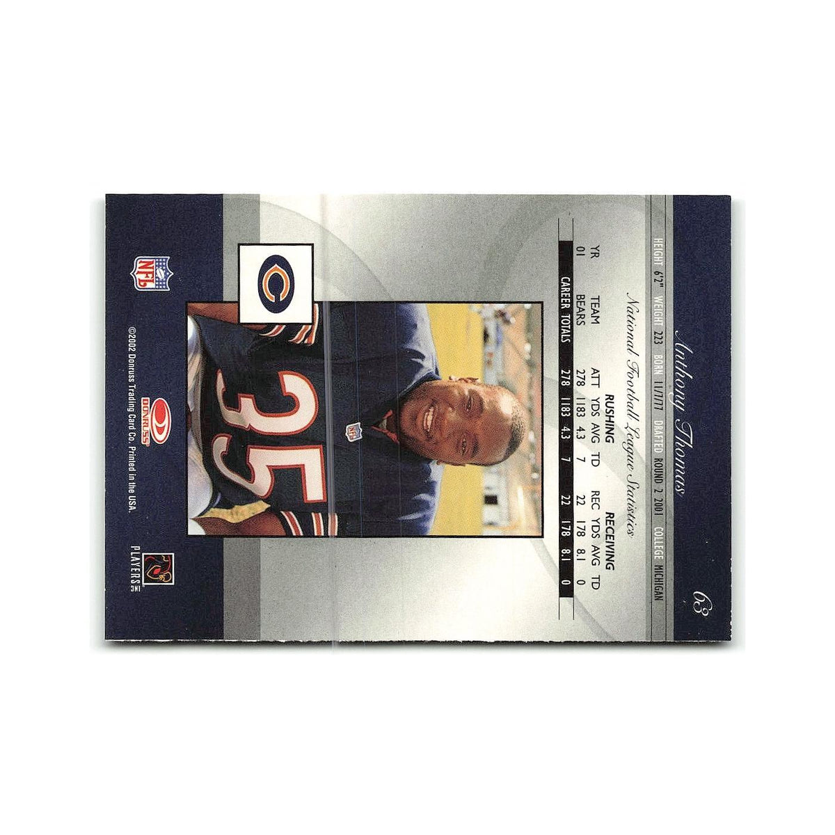 Anthony Thomas 2002 Donruss Elite #63 Chicago Bears Football Card NM