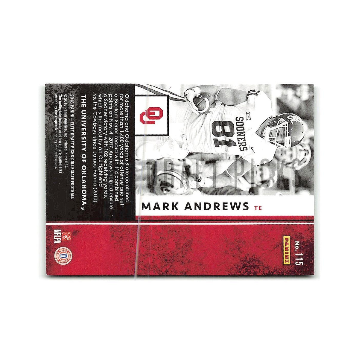 Mark Andrews Rookie 2018 Panini Elite Draft Picks #115 Oklahoma Sooners NM