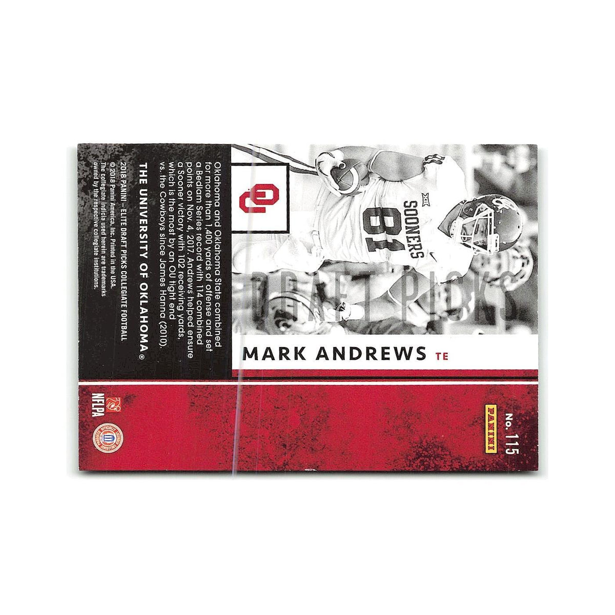 Mark Andrews Rookie 2018 Panini Elite Draft Picks #115 Oklahoma Sooners NM