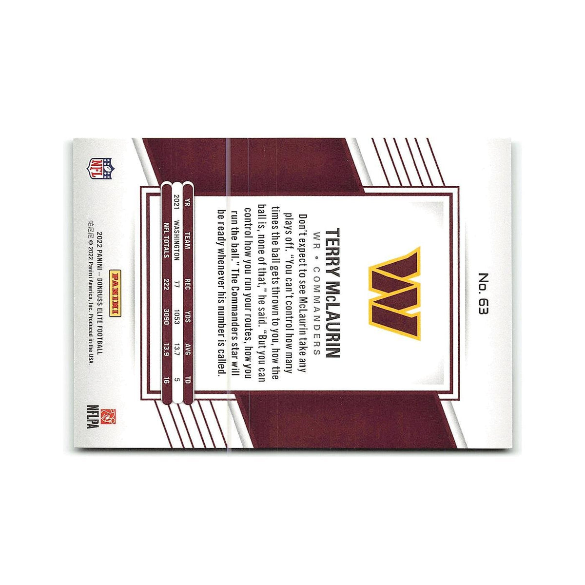 Terry McLaurin 2022 Donruss Elite #63 Washington Commanders Football Card NM