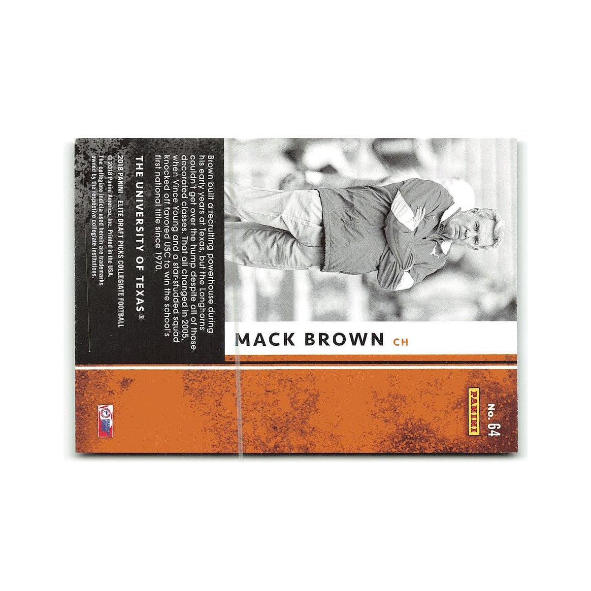 Mack Brown 2018 Panini Elite Draft Picks #64 Texas Longhorns Football Card NM