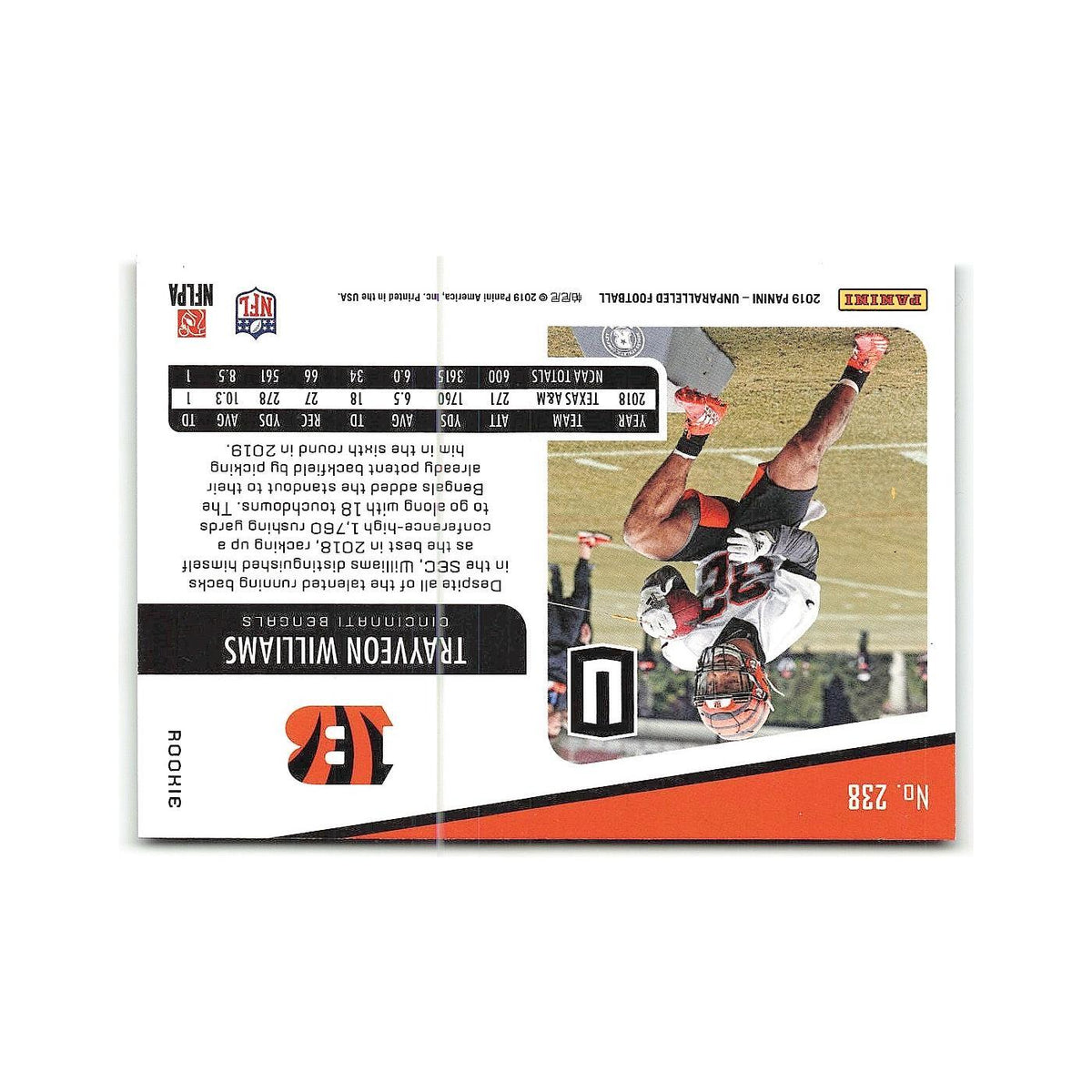 Trayveon Williams Rookie 2019 Panini Unparalleled #238 Cincinnati Bengals NM
