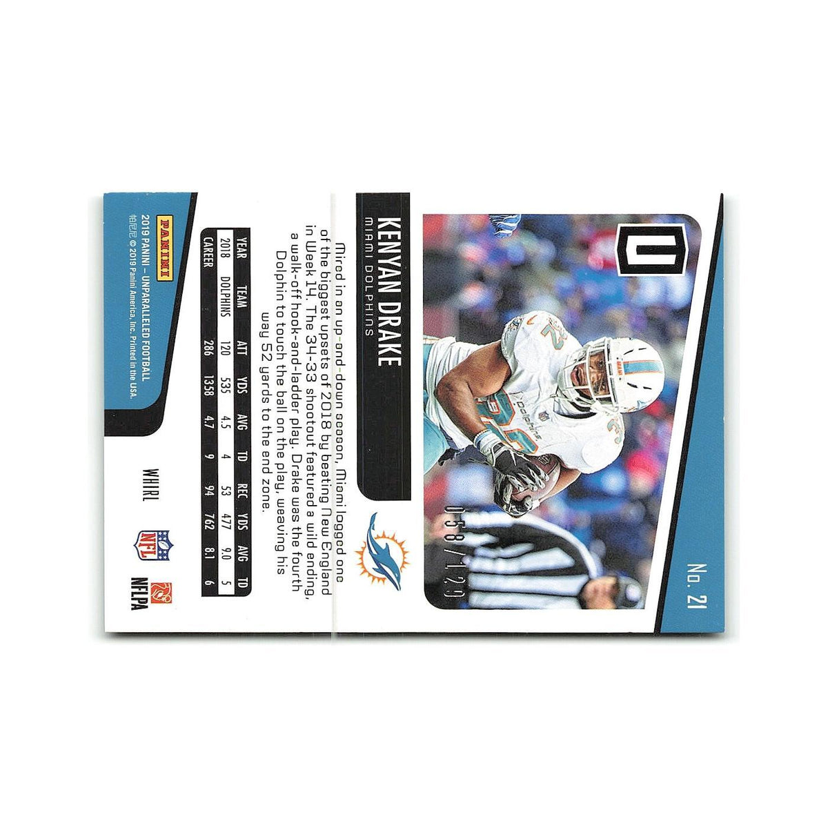 Kenyan Drake #/129 2019 Panini Unparalleled Whirl #21 Miami Dolphins NM