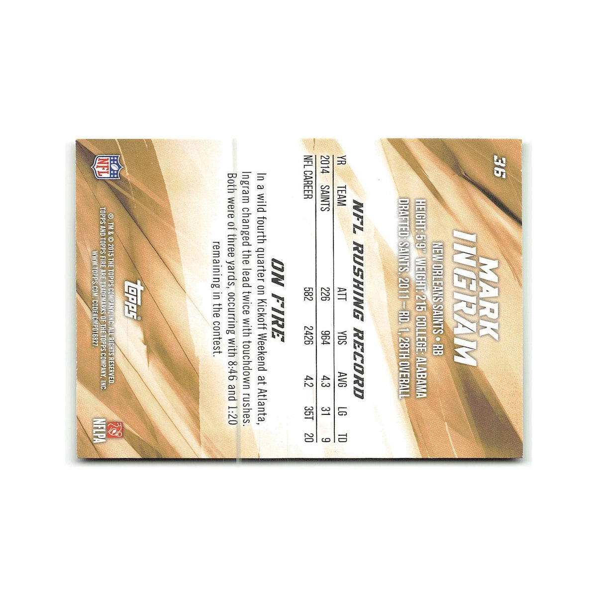 Mark Ingram 2015 Topps Fire #36 New Orleans Saints Football Card NM