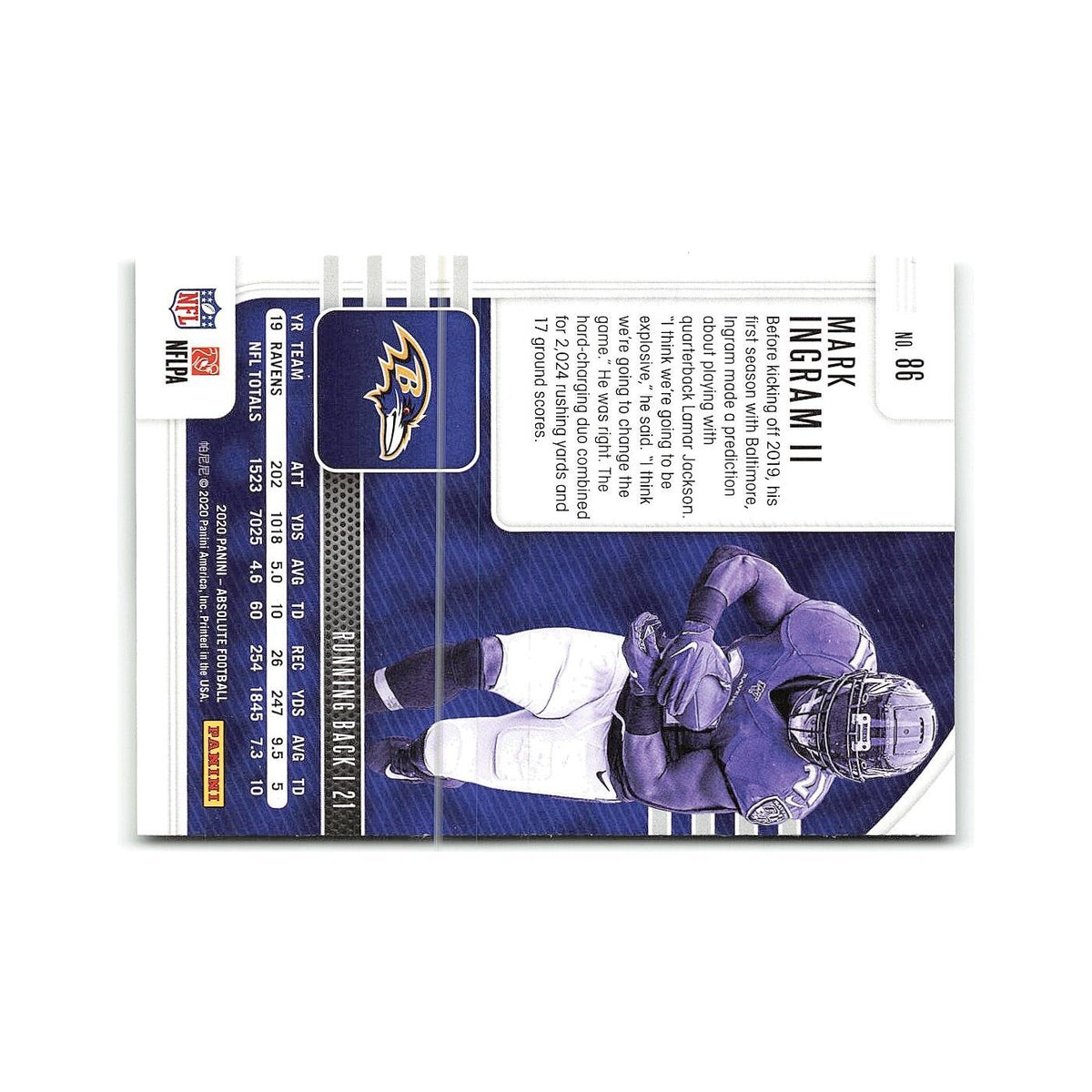 Mark Ingram II 2020 Panini Absolute #86 Baltimore Ravens Football Card NM