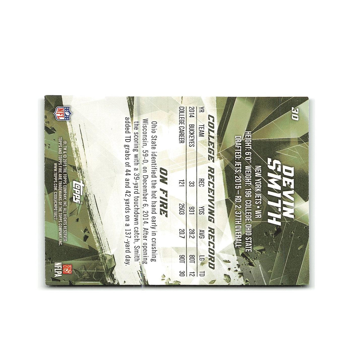 Devin Smith Rookie 2015 Topps Fire Rookies #30 New York Jets Football Card NM