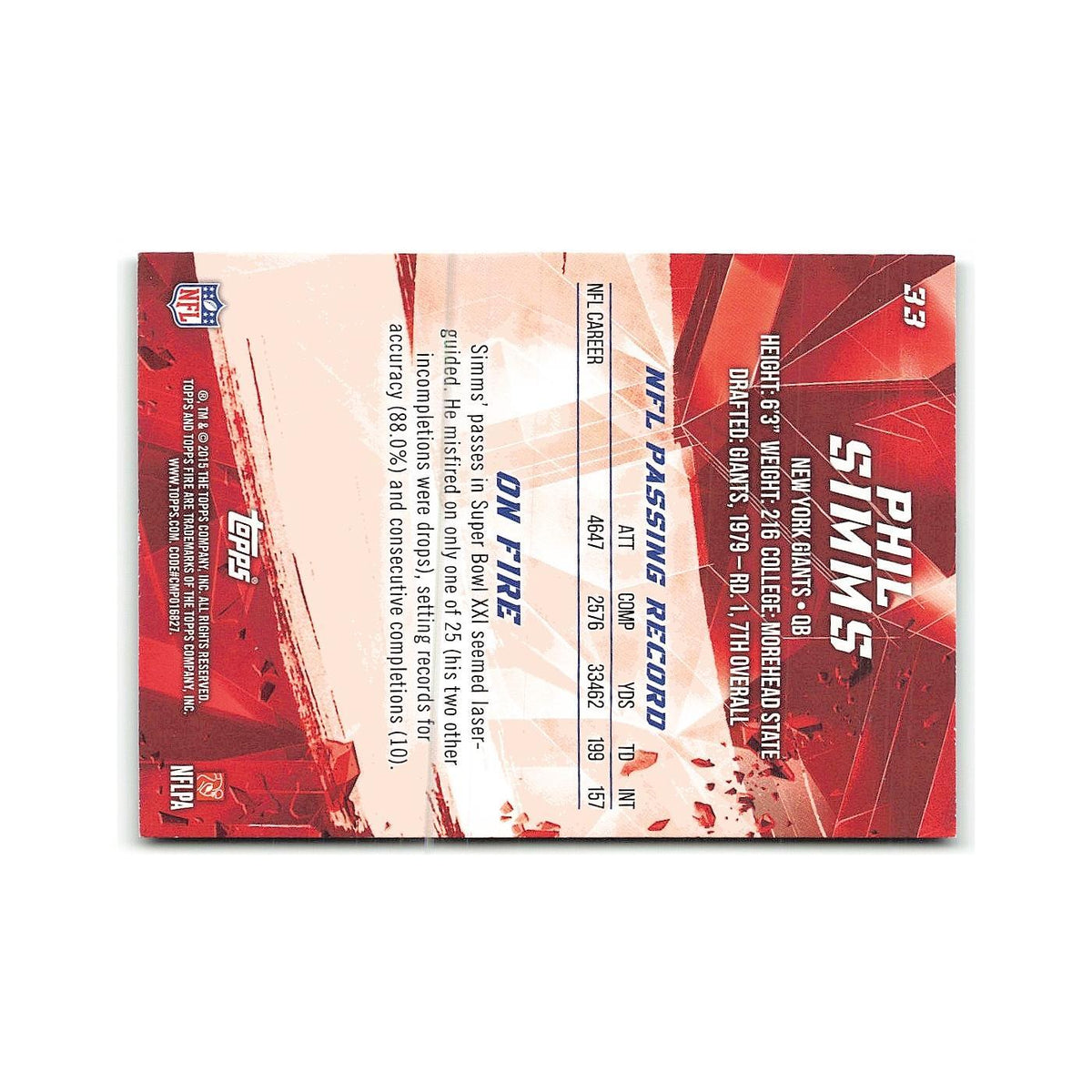 Phil Simms 2015 Topps Fire #33 New York Giants Football Card NM