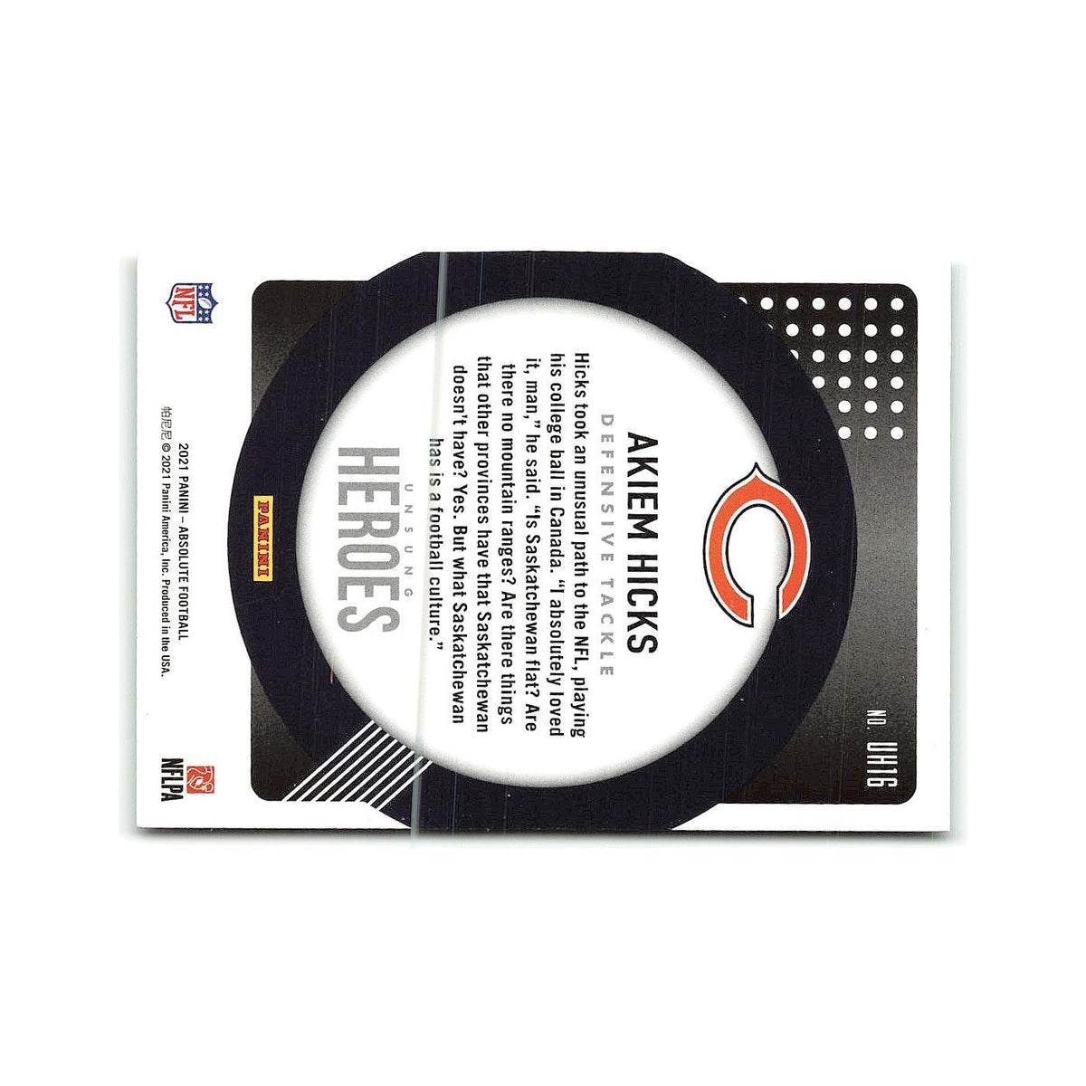Akiem Hicks 2021 Panini Absolute #UH16 Chicago Bears Football Card NM