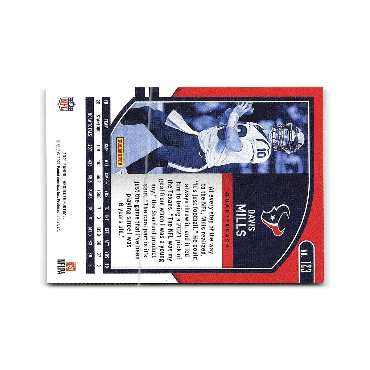 Davis Mills Rookie 2021 Panini Absolute #123 Houston Texans Football Card NM