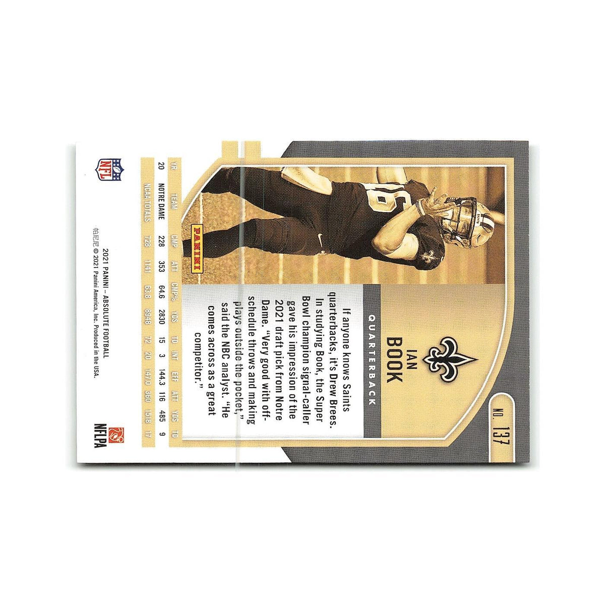 Ian Book Rookie 2021 Panini Absolute #137 New Orleans Saints Football Card NM