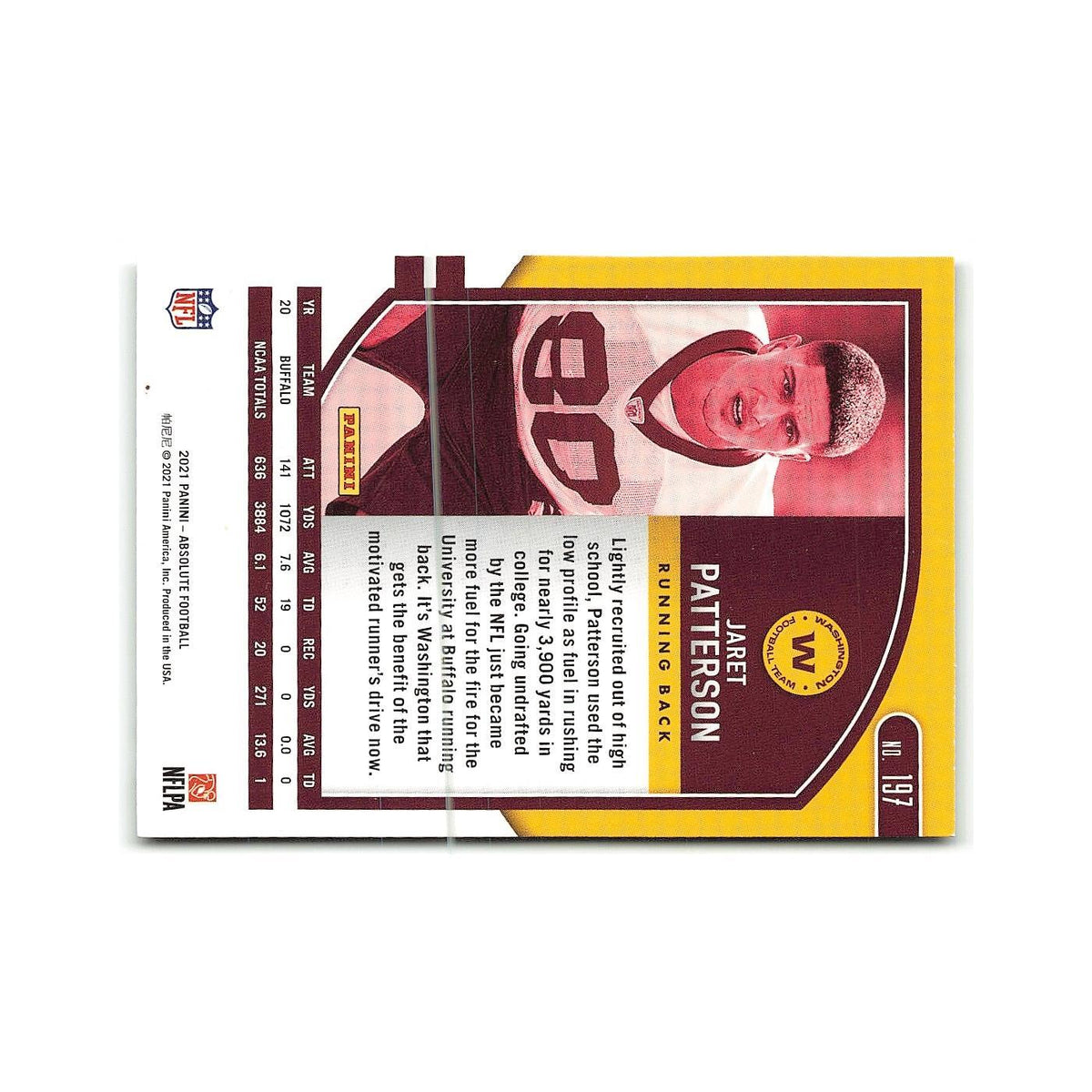 Jaret Patterson Rookie 2021 Panini Absolute #197 Washington Football Team NM