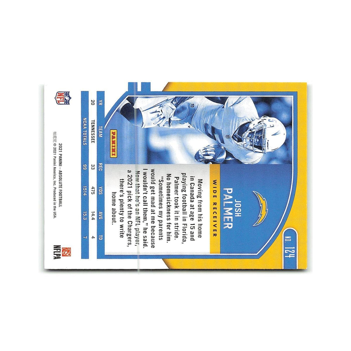 Josh Palmer Rookie 2021 Panini Absolute #124 Los Angeles Chargers NM