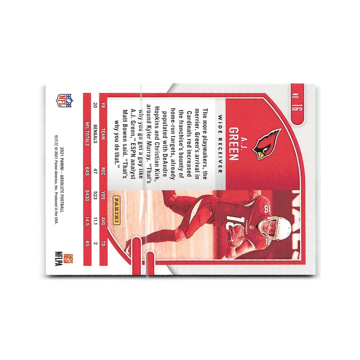 A.J. Green 2021 Panini Absolute #16 Arizona Cardinals Football Card NM