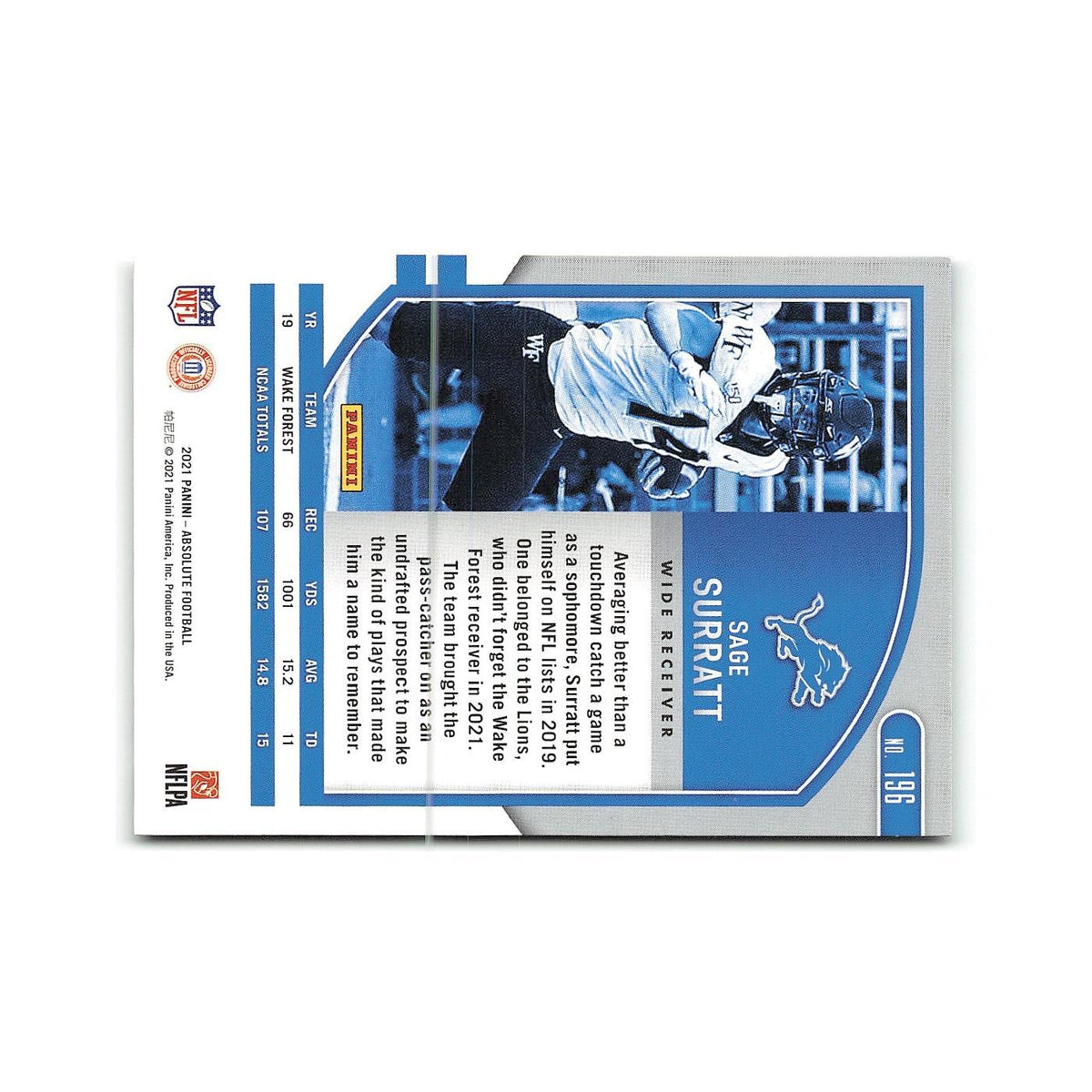 Sage Surratt Rookie 2021 Panini Absolute #196 Detroit Lions Football Card NM