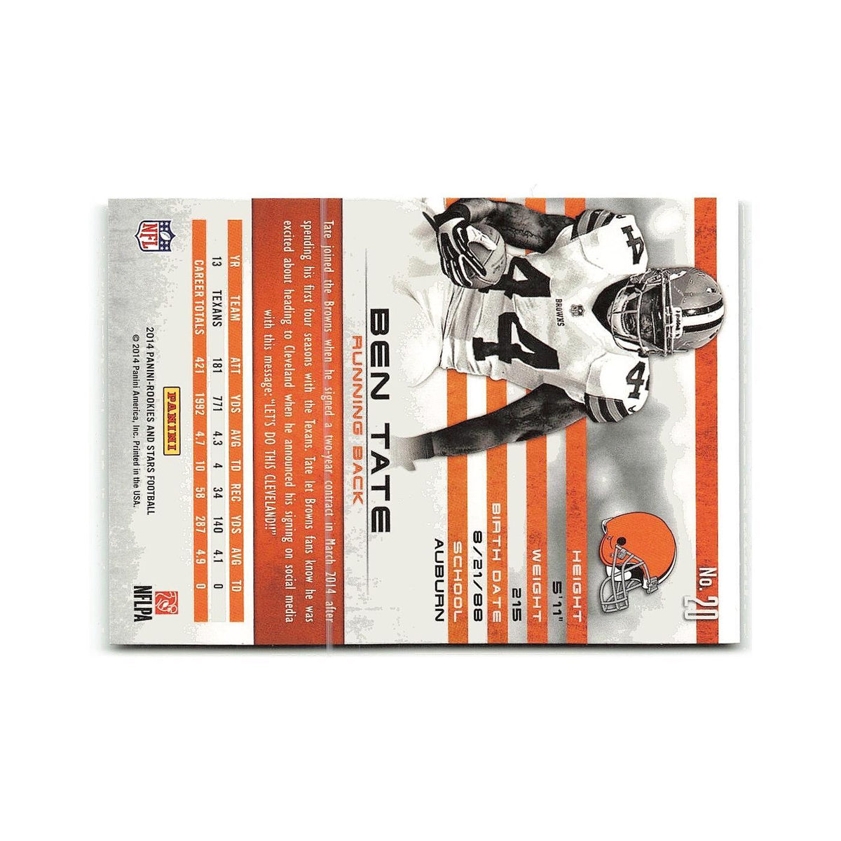 Ben Tate 2014 Panini Rookies & Stars #20 Cleveland Browns Football Card NM