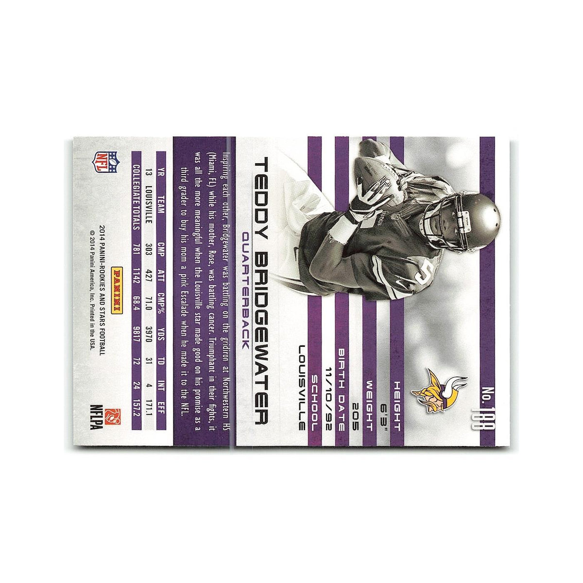 Teddy Bridgewater Rookie 2014 Panini Rookies & Stars #188 Minnesota Vikings NM