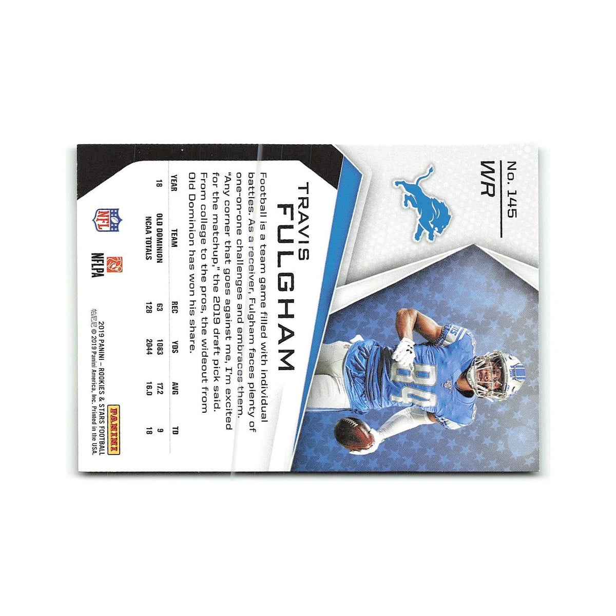 Travis Fulgham Rookie 2019 Panini Rookies & Stars #145 Detroit Lions NM