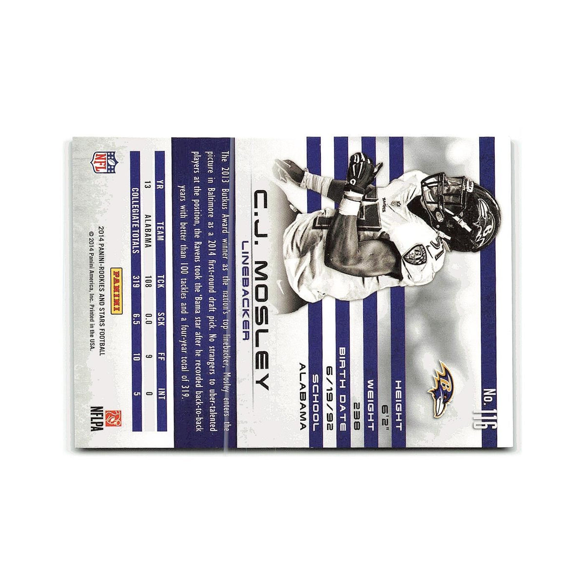 C.J. Mosley Rookie 2014 Panini Rookies & Stars #116 Baltimore Ravens NM