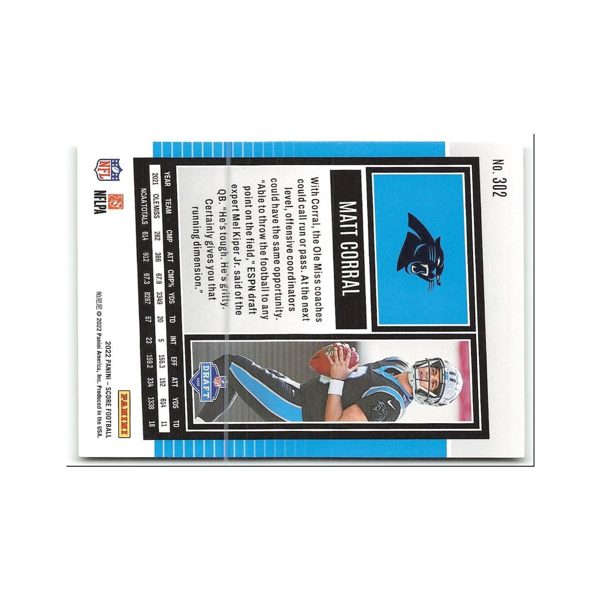 Matt Corral Rookie 2022 Score #302 Carolina Panthers Football Card NM