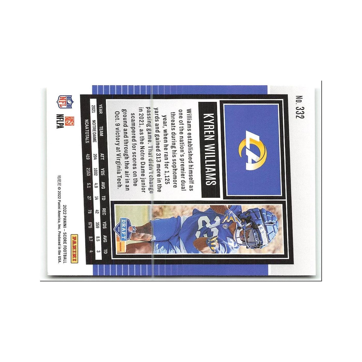 Kyren Williams Rookie 2022 Score #332 Los Angeles Rams Football Card NM