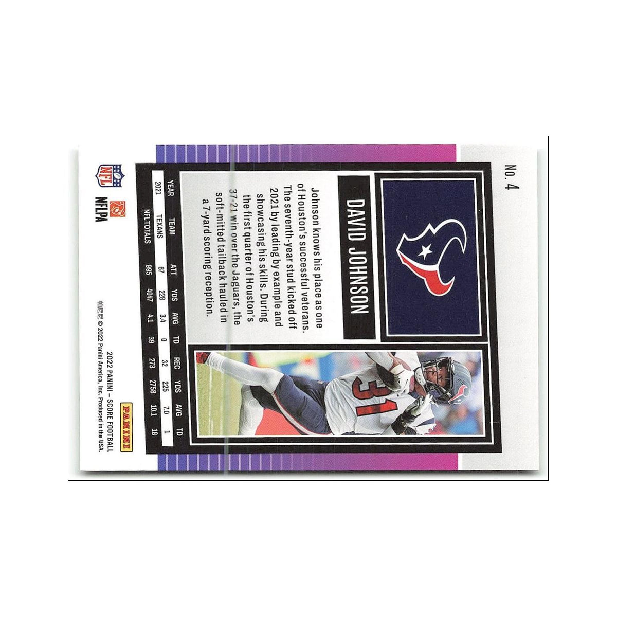 David Johnson 2022 Score #4 Houston Texans Football Card NM