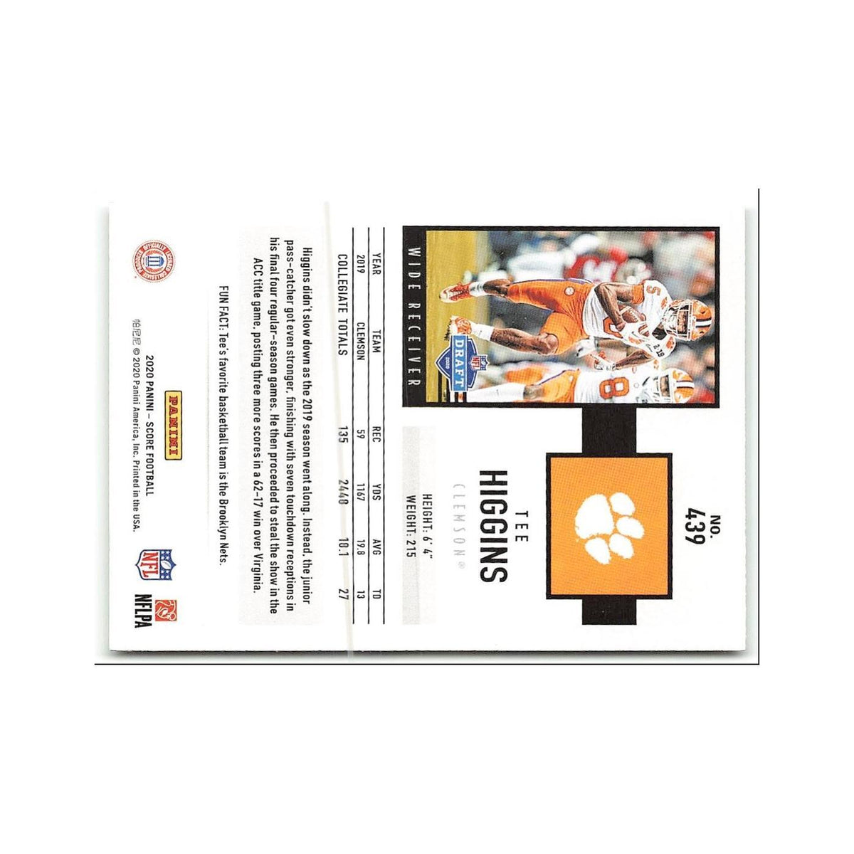 Tee Higgins Rookie 2020 Score #439 Clemson Tigers Football Card NM