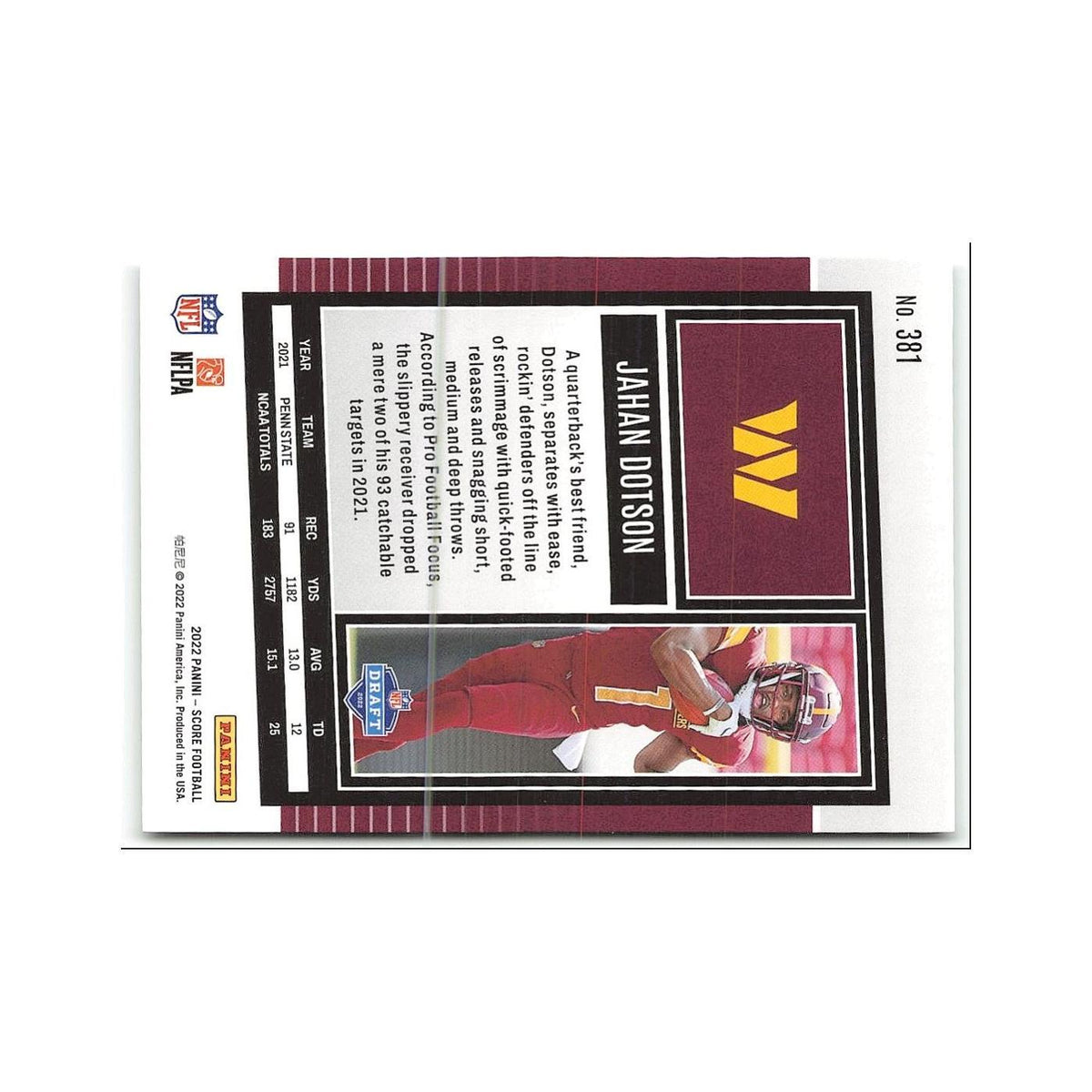 Jahan Dotson Rookie 2022 Score #381 Washington Commanders Football Card NM