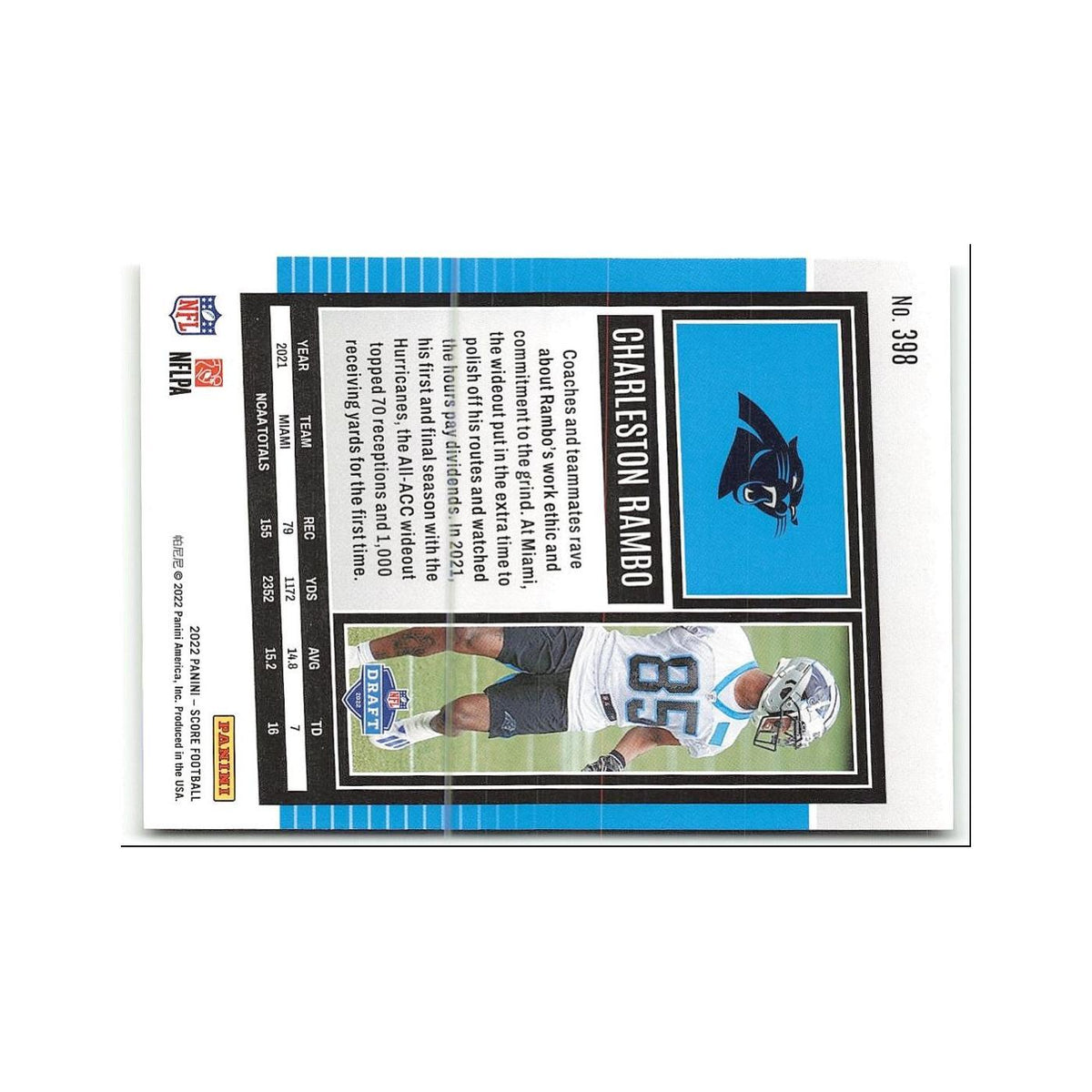 Charleston Rambo Rookie 2022 Score #398 Carolina Panthers Football Card NM
