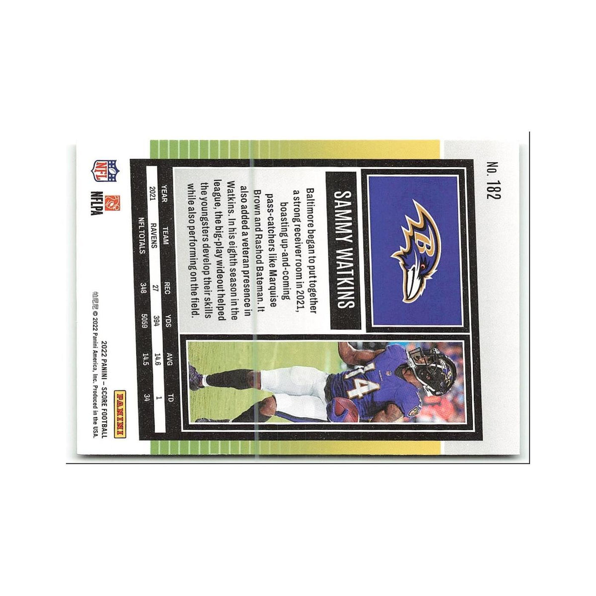 Sammy Watkins 2022 Score #182 Baltimore Ravens Football Card NM