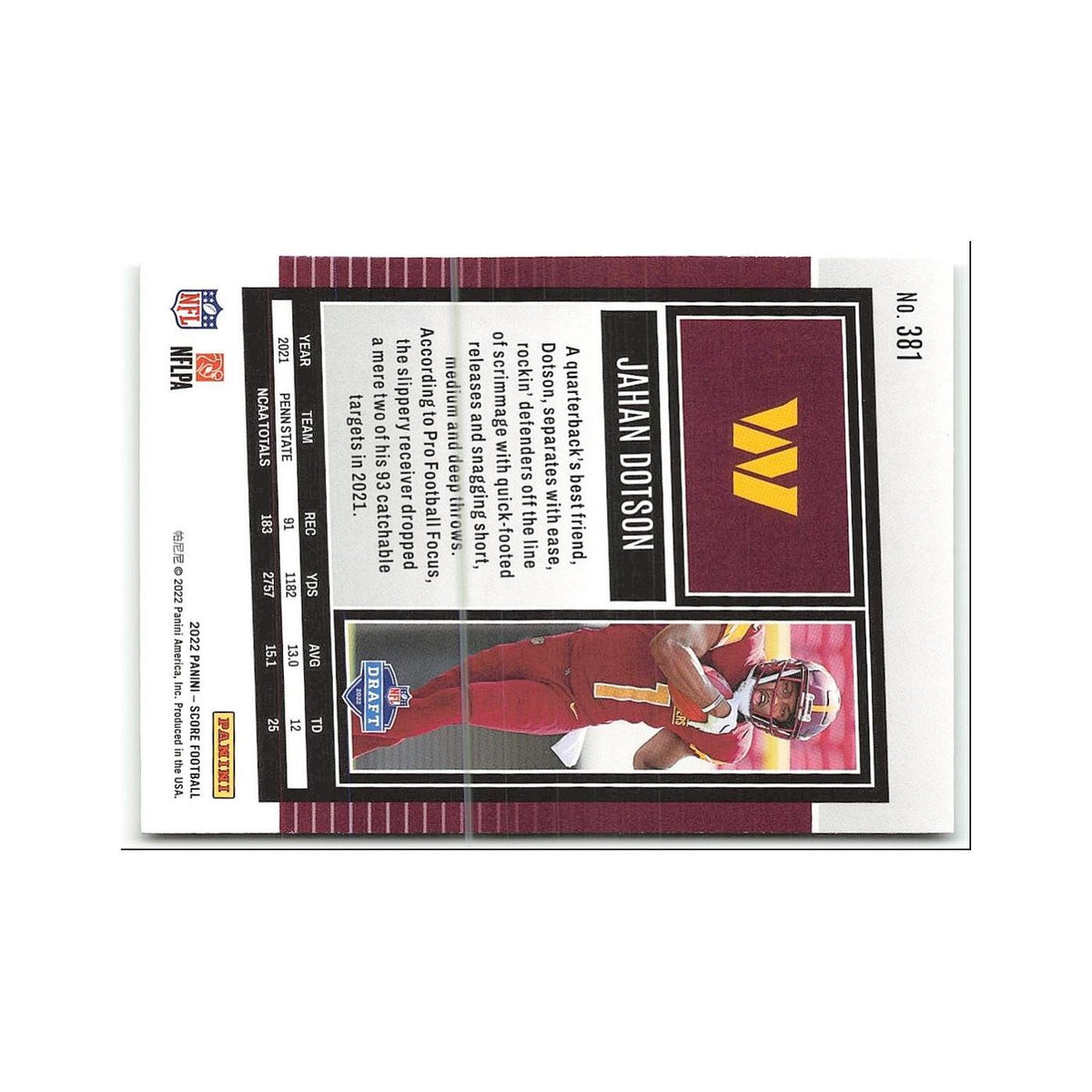 Jahan Dotson Rookie 2022 Score #381 Washington Commanders Football Card NM