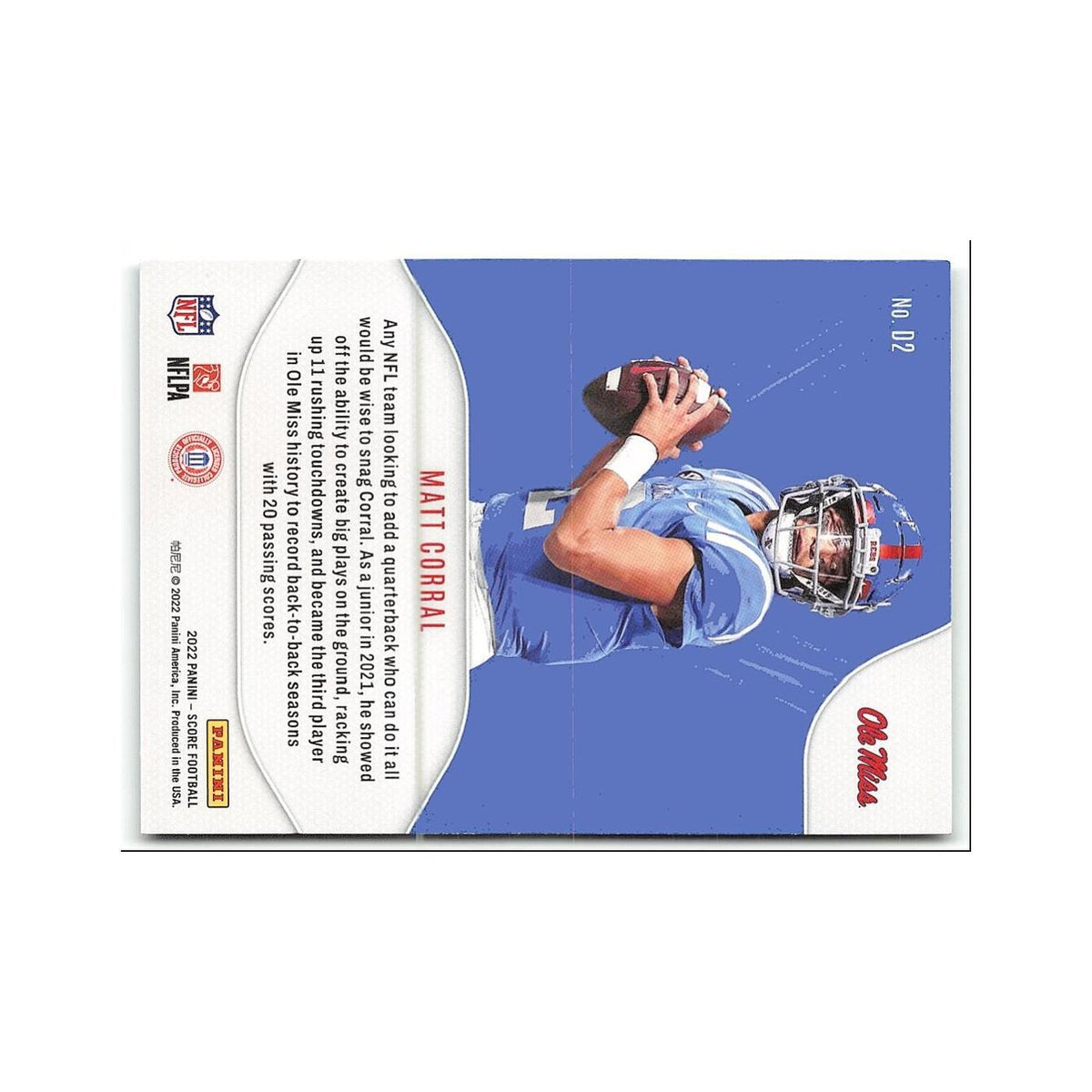 Matt Corral 2022 Score NFL Draft #D2 Ole Miss Rebels Football Card NM