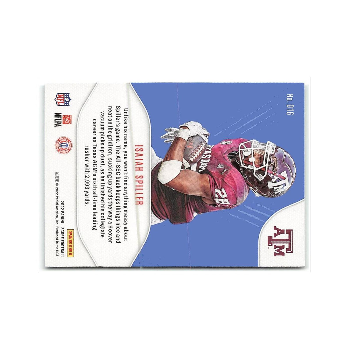 Isaiah Spiller 2022 Score NFL Draft #D16 Texas A&M Aggies Football Card NM