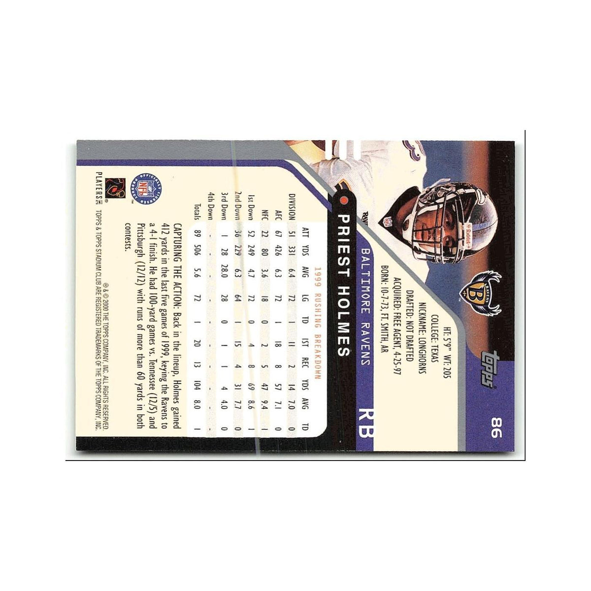 Priest Holmes 2000 Topps Stadium Club #86 Baltimore Ravens Football Card NM