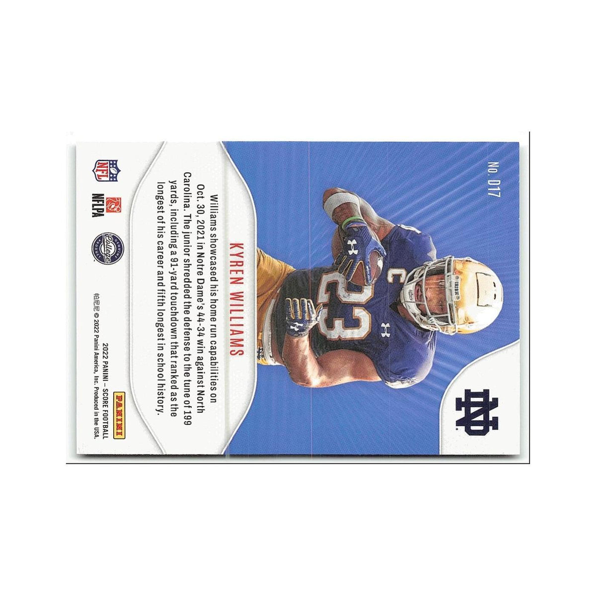 Kyren Williams 2022 Score NFL Draft #D17 Notre Dame Fighting Irish NM