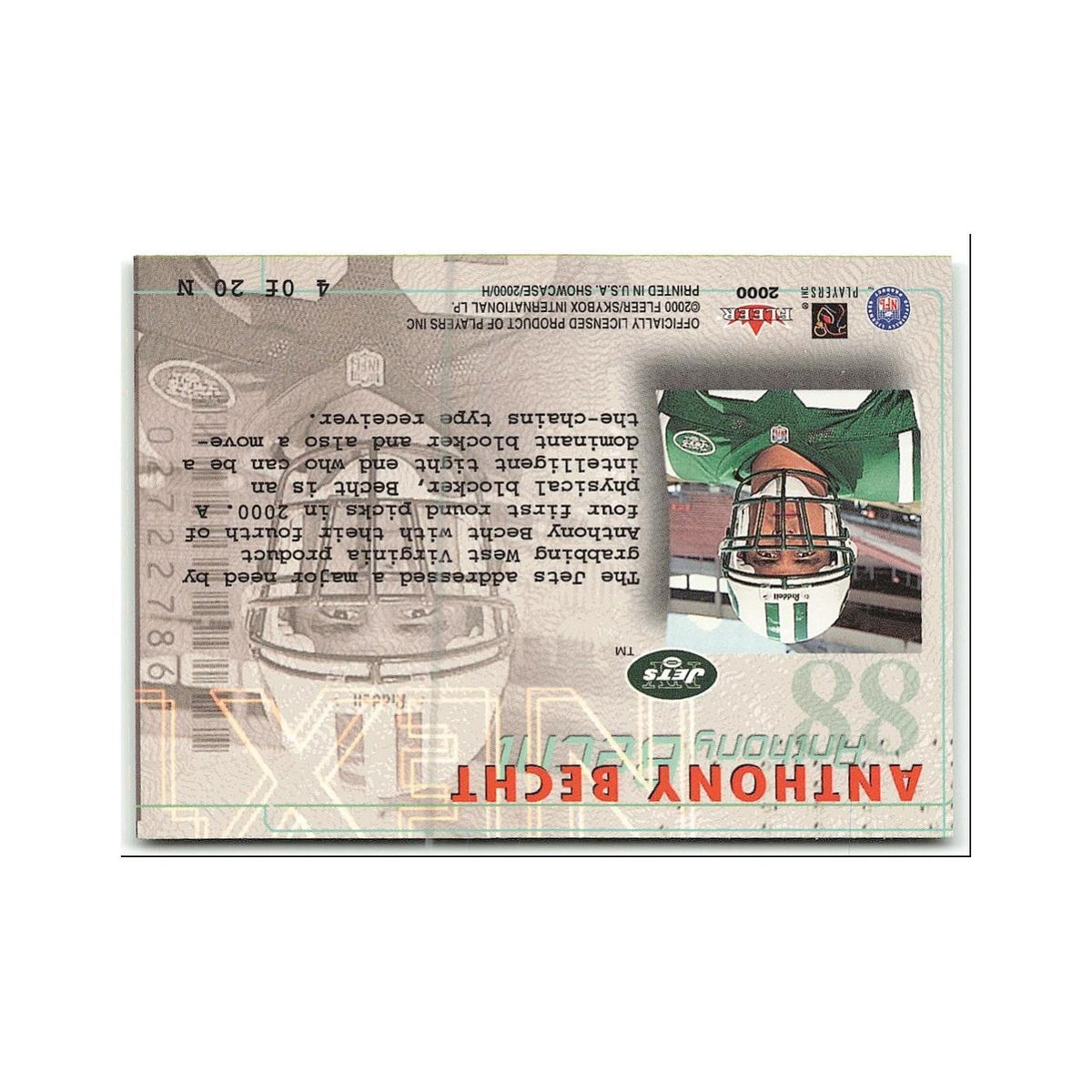 Anthony Becht Rookie 2000 Fleer Showcase Next #4 N New York Jets NM
