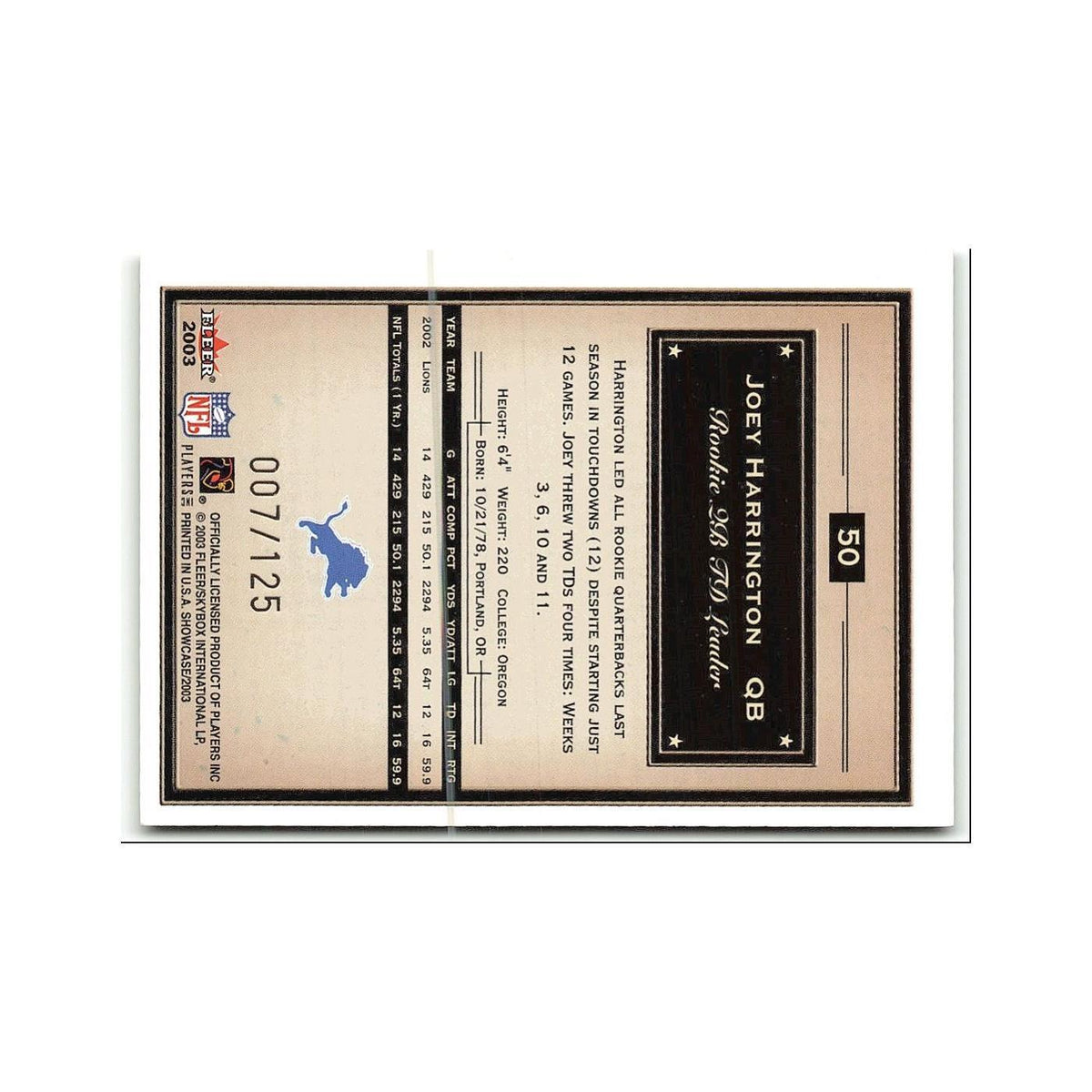 Joey Harrington #/125 2003 Fleer Showcase Legacy #50 Detroit Lions NM