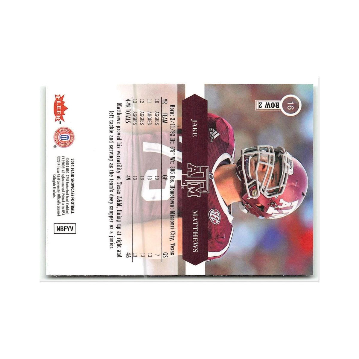 Jake Matthews 2014 Flair Showcase #16 Texas A&M Aggies Football Card NM