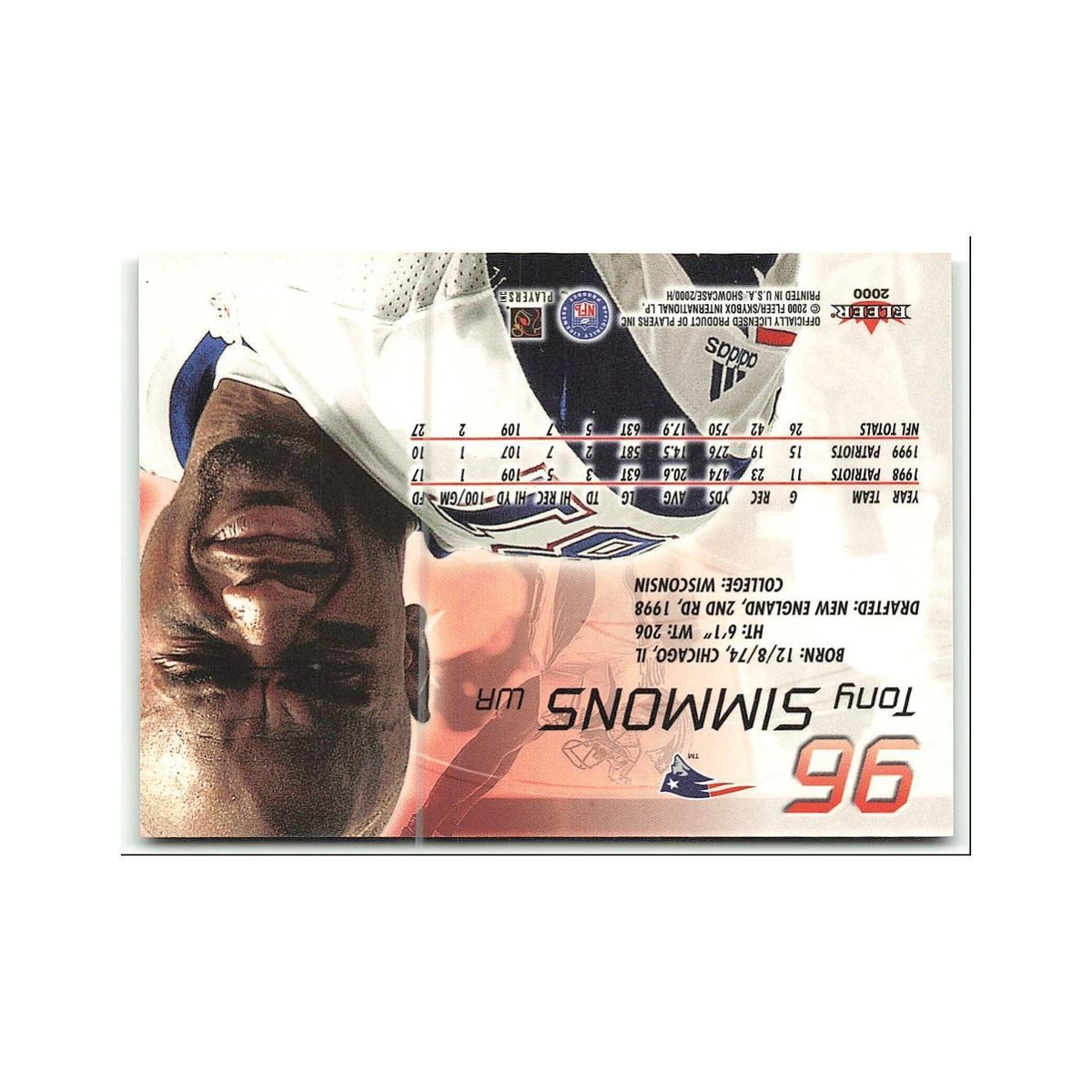 Tony Simmons 2000 Fleer Showcase #96 New England Patriots Football Card NM