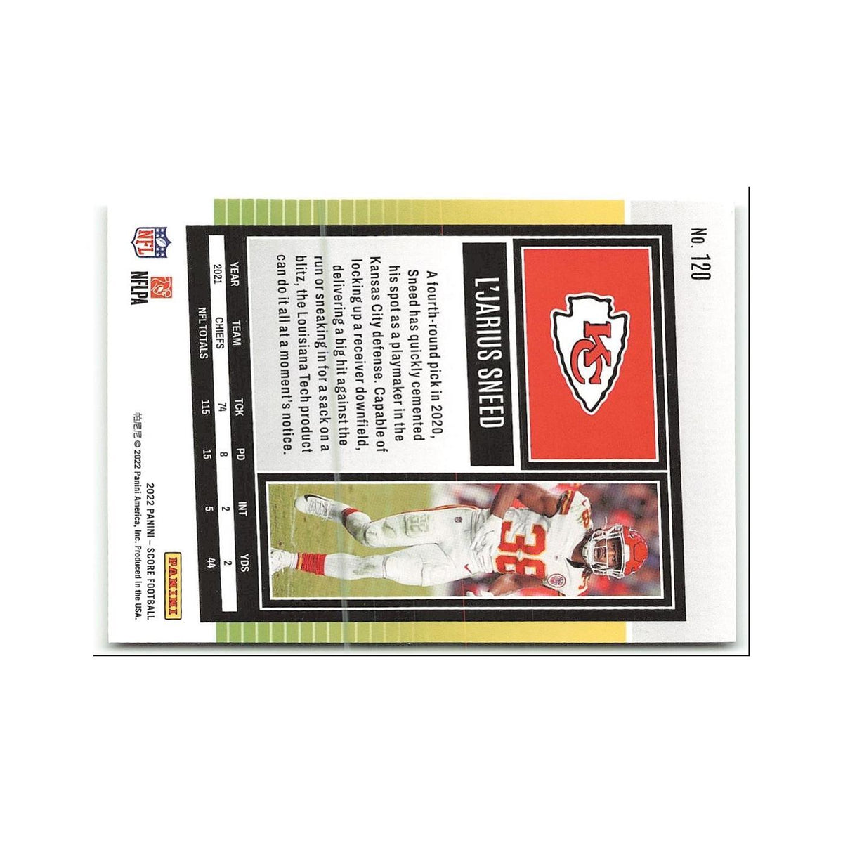 L'Jarius Sneed 2022 Score #120 Kansas City Chiefs Football Card NM