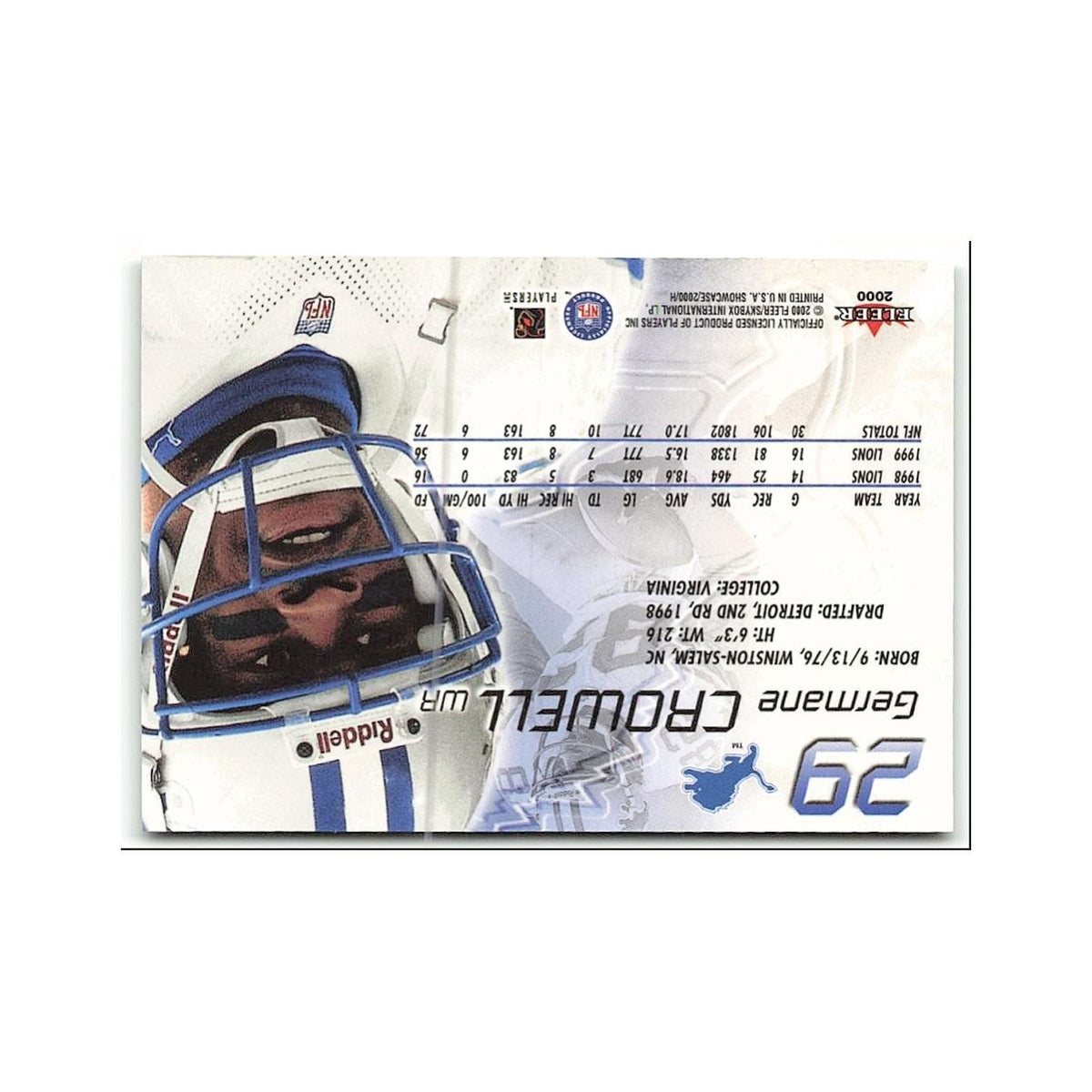 Germane Crowell 2000 Fleer Showcase #29 Detroit Lions Football Card NM