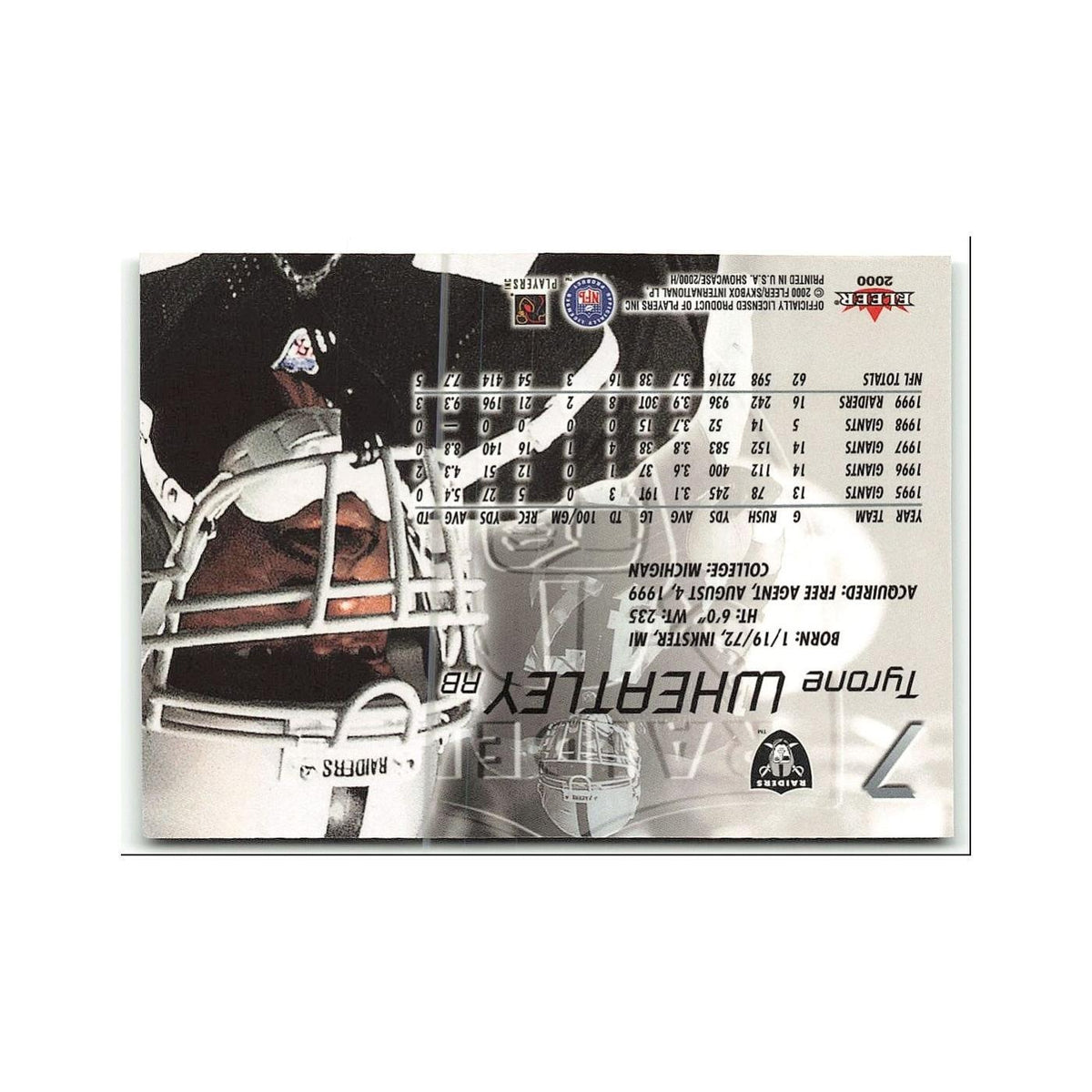 Tyrone Wheatley 2000 Fleer Showcase #7 Oakland Raiders Football Card NM