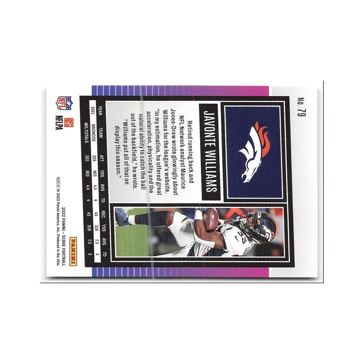 Javonte Williams 2022 Score #79 Denver Broncos Football Card NM