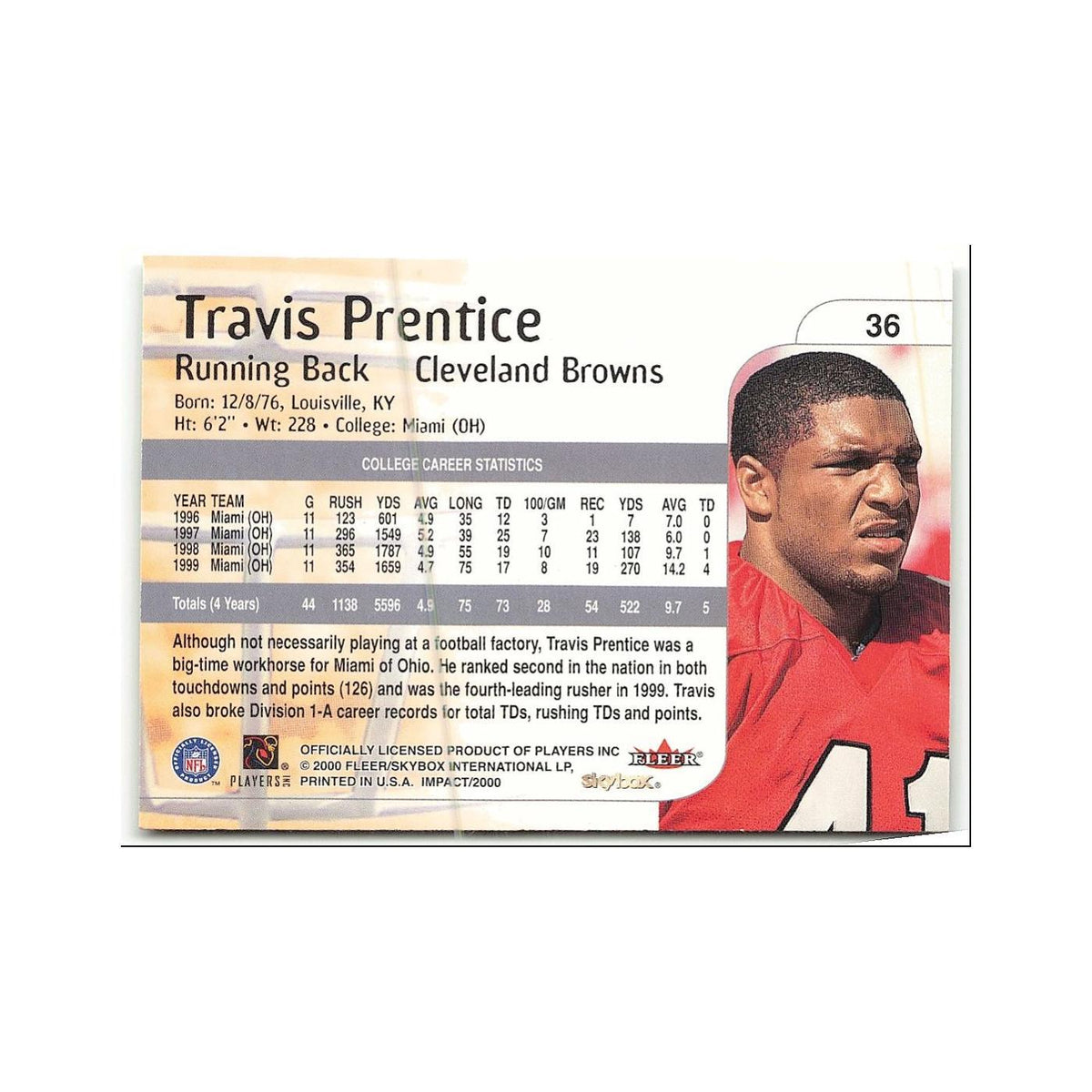 Travis Prentice Rookie 2000 Skybox Impact #36 Cleveland Browns Football Card NM
