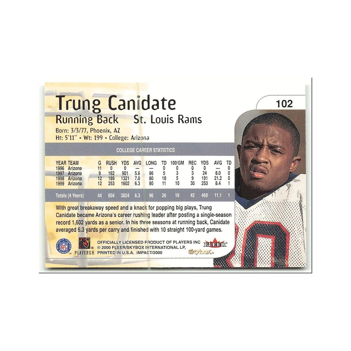Trung Canidate Rookie 2000 Skybox Impact #102 St. Louis Rams Football Card NM