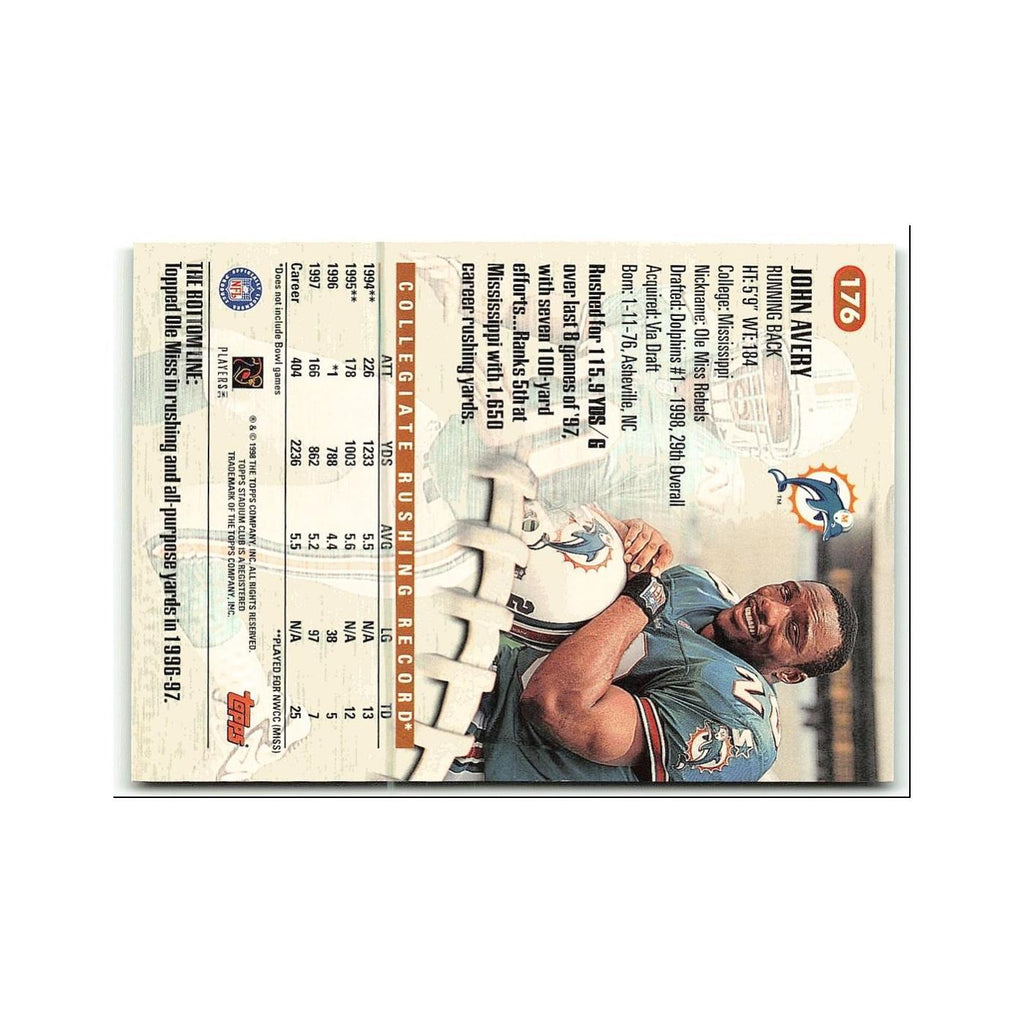John Avery Rookie 1998 Topps Stadium Club #176 Miami Dolphins Football Card NM