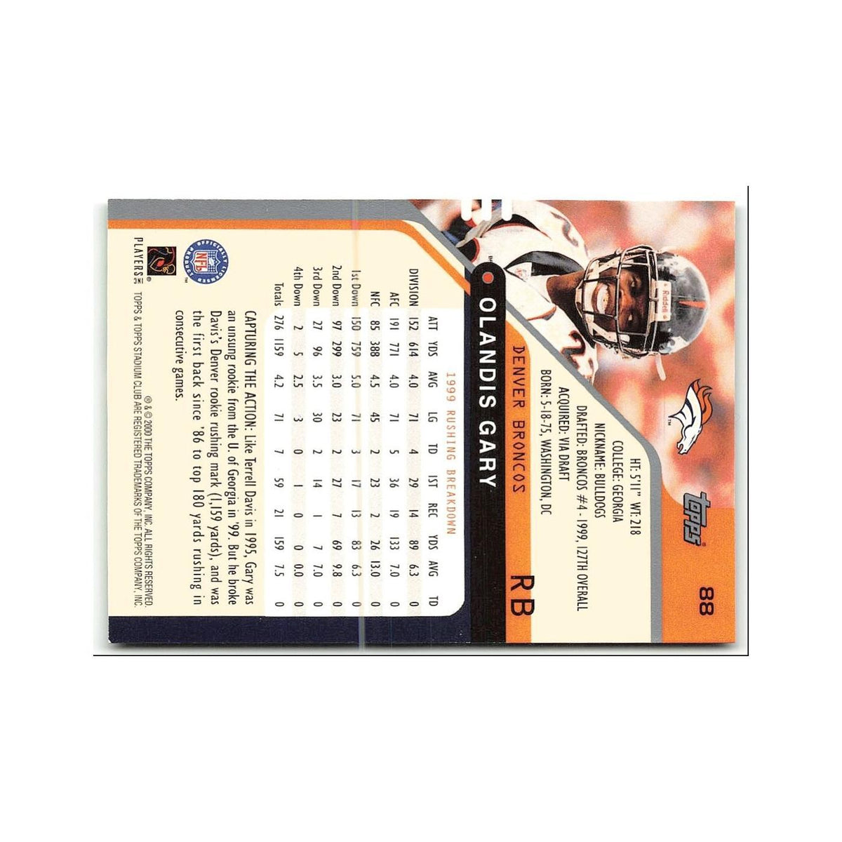 Olandis Gary 2000 Topps Stadium Club #88 Denver Broncos Football Card NM