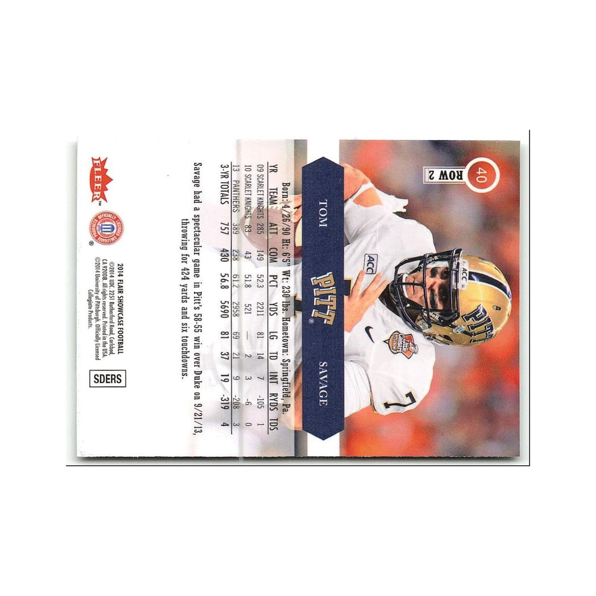 Tom Savage 2014 Flair Showcase #40 Univeristy of Pittsburgh Panthers NM