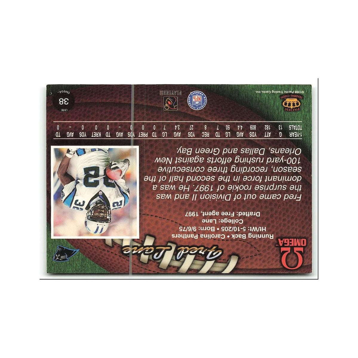 Fred Lane 1998 Pacific Omega #38 Carolina Panthers Football Card NM